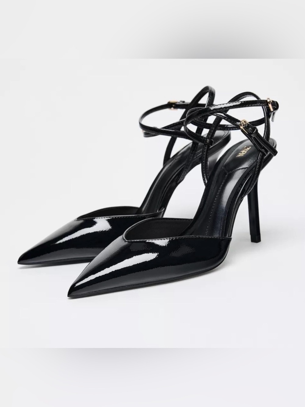 Zara strappy pointy slingback heels, patent finish ankle strap. - Picture 2 of 9